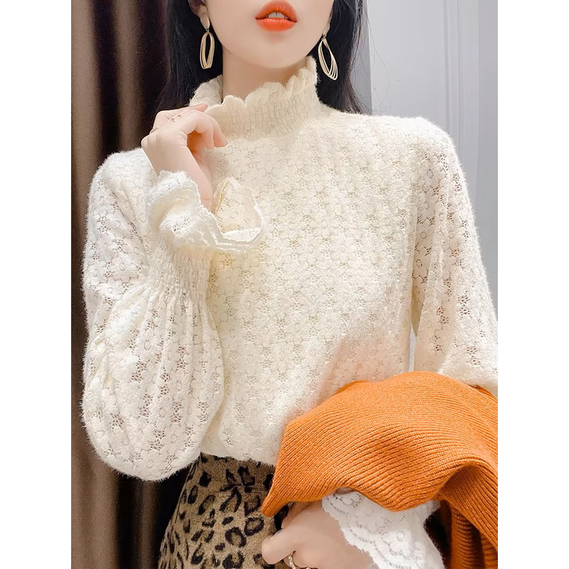 单层磨毛蕾丝高领打底衫女秋冬洋气内搭小衫高端时尚网纱上衣083