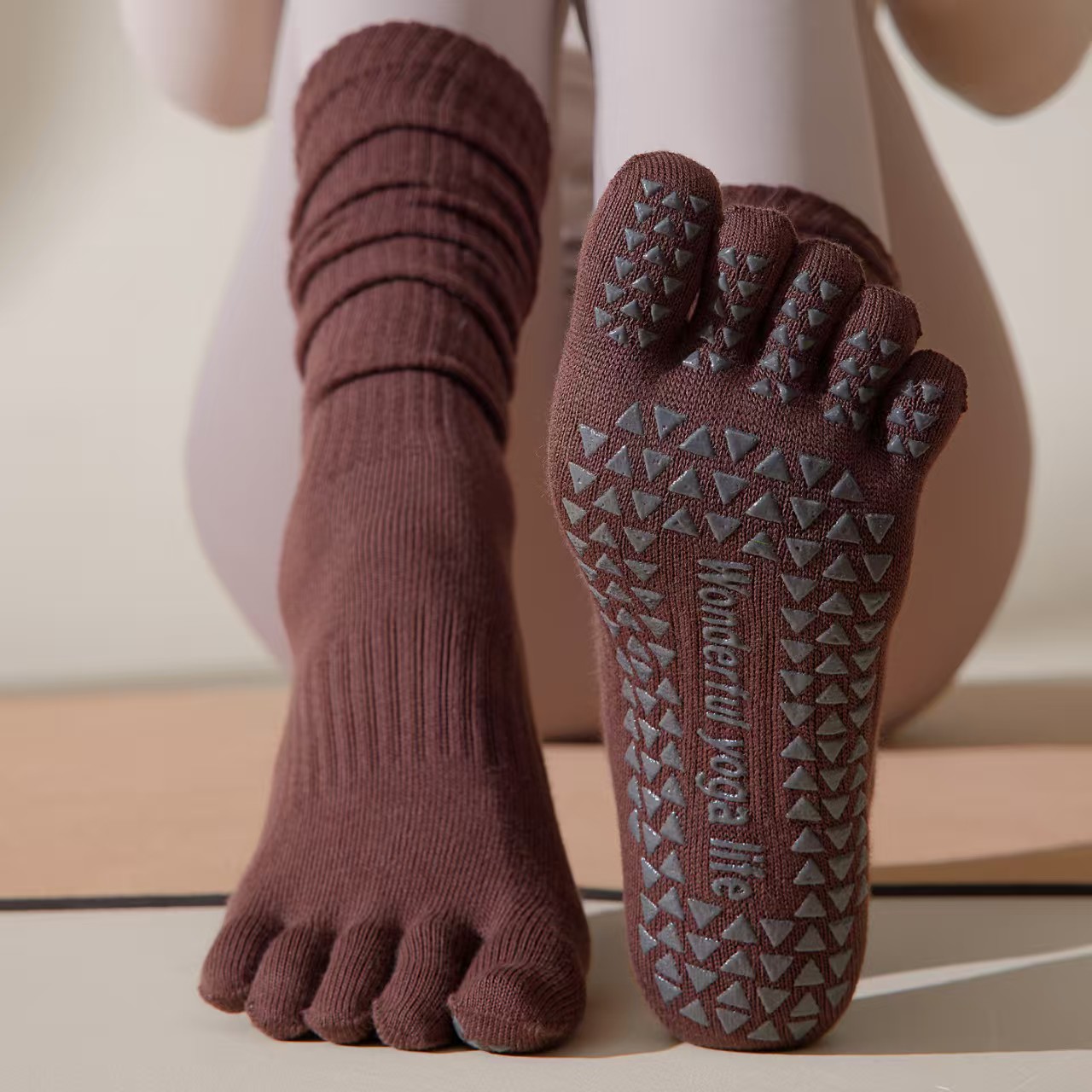 美拉德色瑜伽袜五指袜专业防滑小腿堆堆显瘦普拉提运动健身袜 