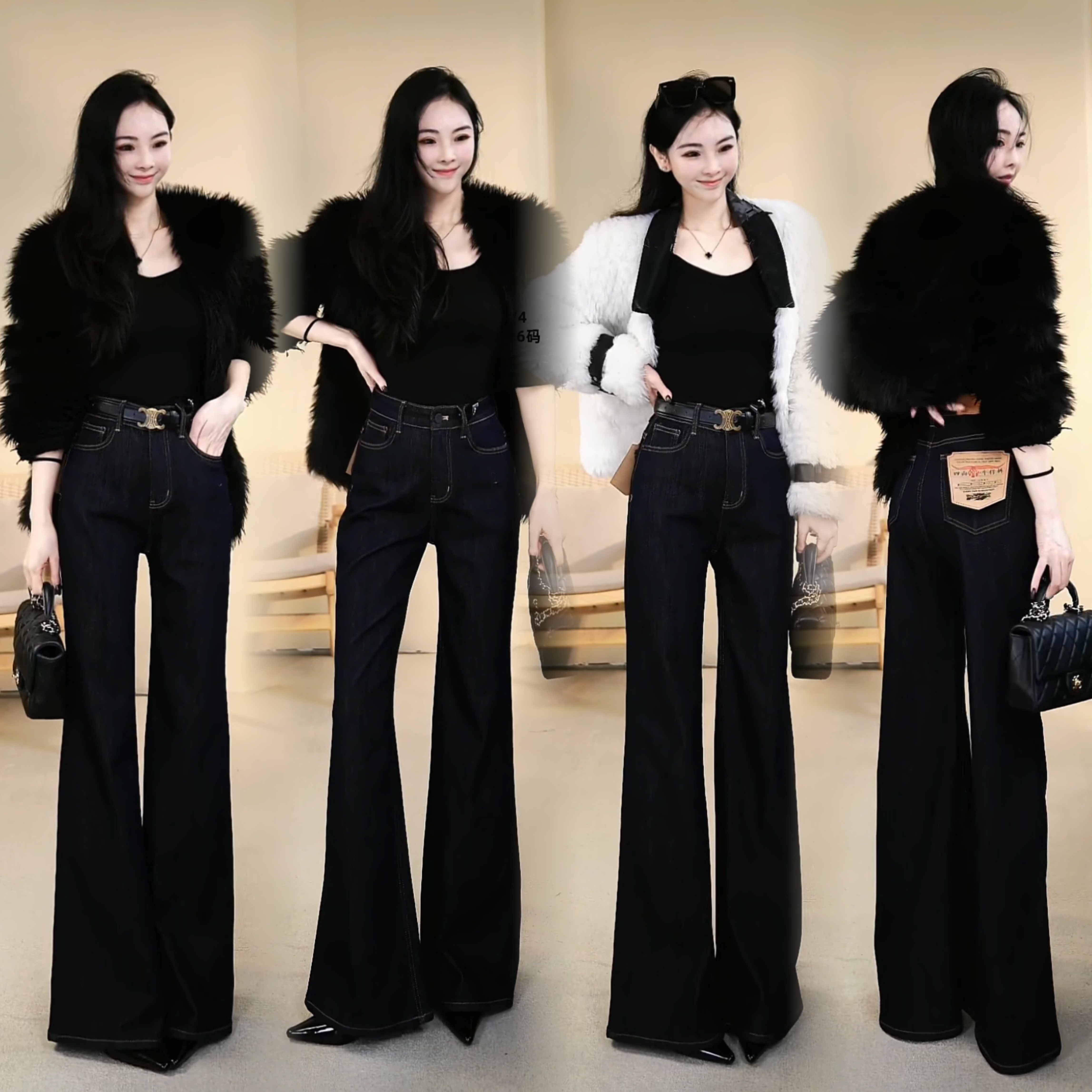 【云雾】冬季烫金原牛时尚百搭显瘦加绒修身直筒微喇牛仔裤