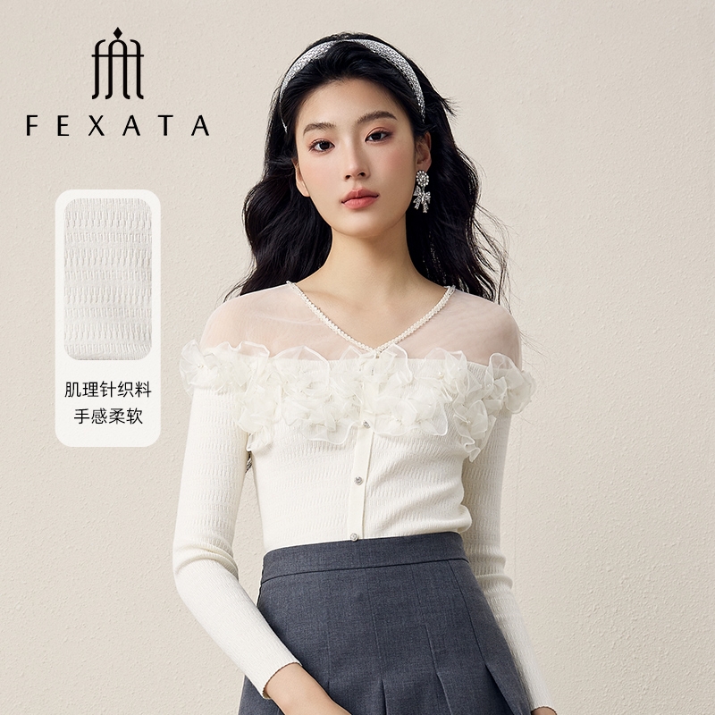 【达人专属】FEXATA斐格思薄纱花朵白色针织衫女