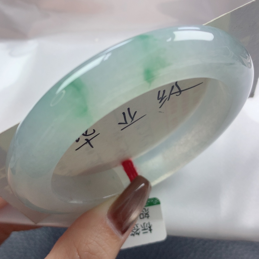 未镶嵌手镯翡翠糯冰飘金丝阳绿宽边正圈53