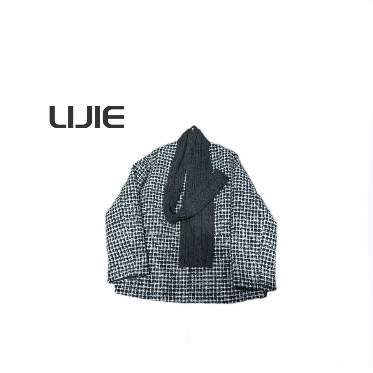 【深圳丽姐-丽丽】1203 黑白格纹保暖外套 围巾两件套