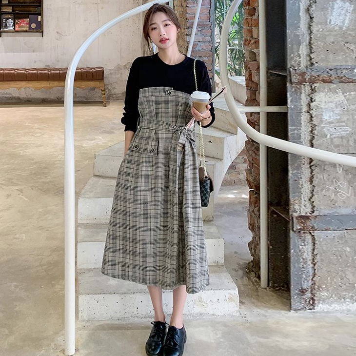 2.11早预告款春季新款系带显瘦复古格子拼接休闲连衣裙 NTS682149