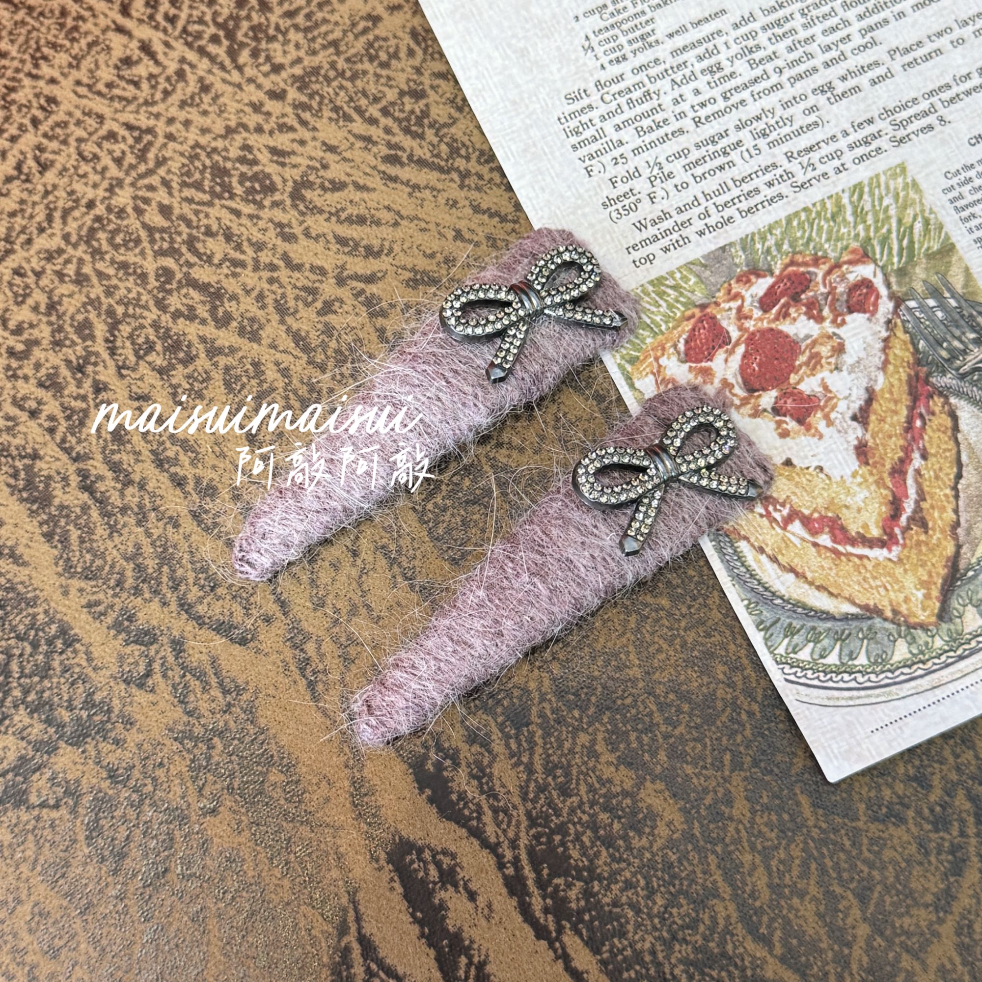 【阿敲】A2390~紫色毛线闪钻皮质蝴蝶结发夹 bb夹对夹女-麦穗头饰