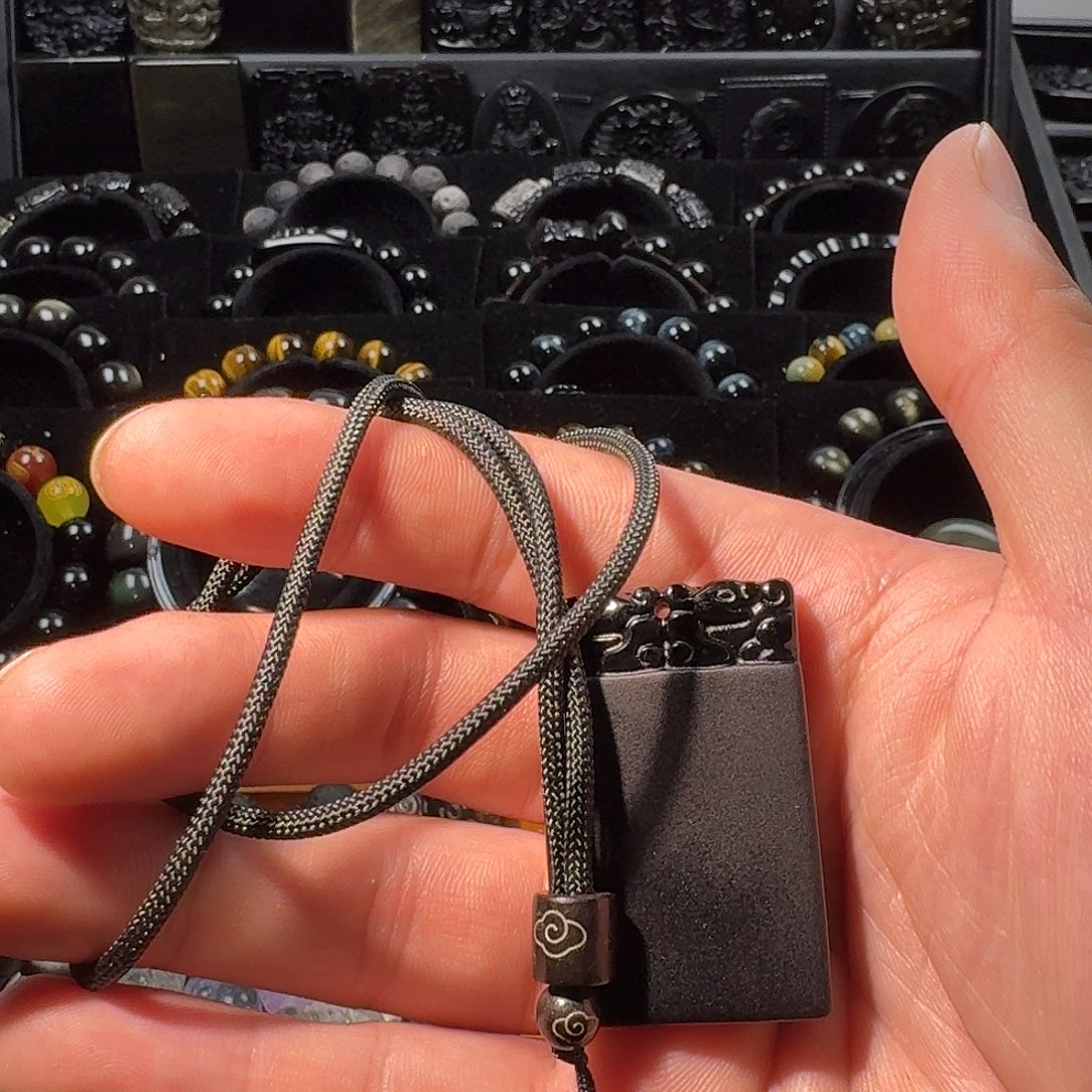 黑曜岩未镶嵌颈饰黑曜石无事牌挂绳款