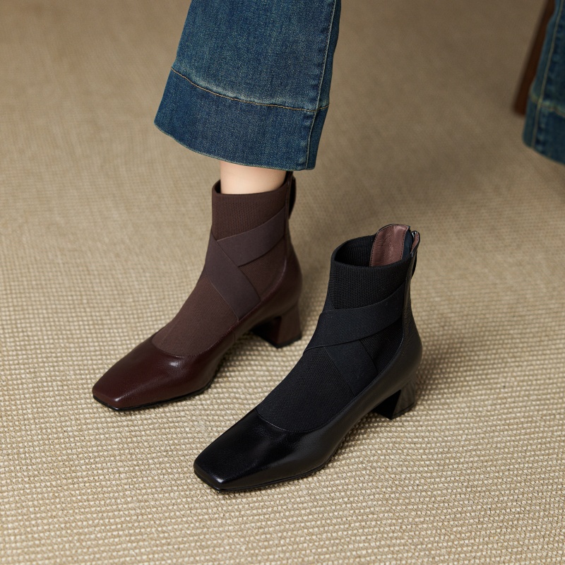 羊皮/跟高4.5cm/2025新款秋冬季真皮中跟短靴女瘦瘦靴弹力靴单靴