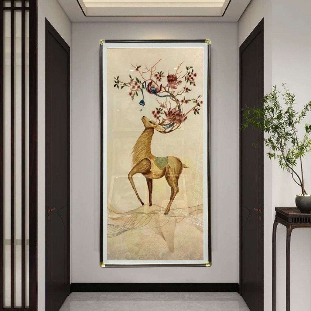 招财金鹿合集马到成功新中式玄关装饰画织锦绣挂画