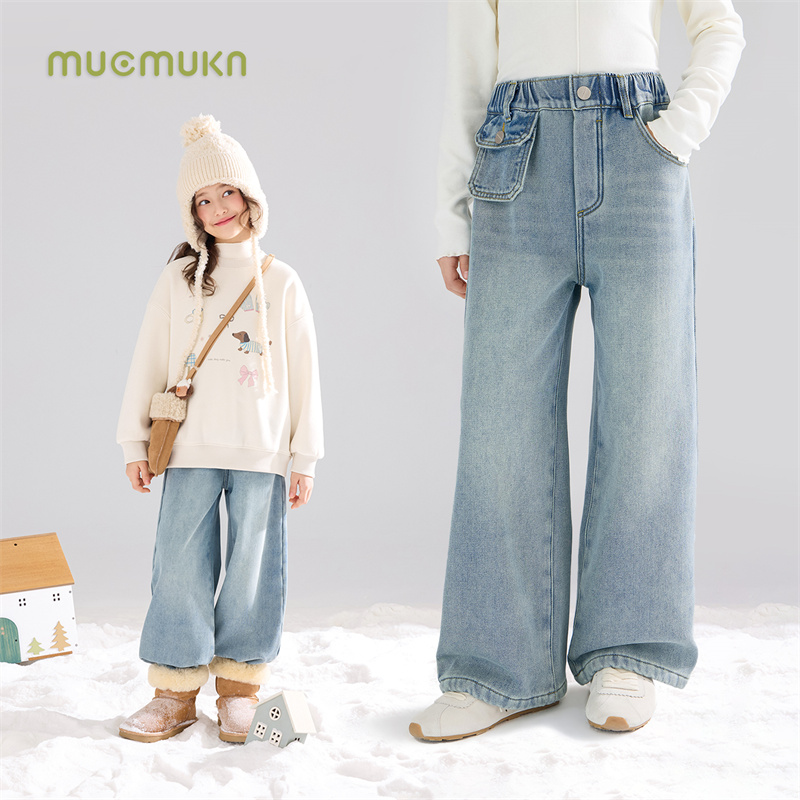 MUCMUKN 复古浅蓝韩系穿搭直筒牛仔裤一体绒女童冬新M54XK5589