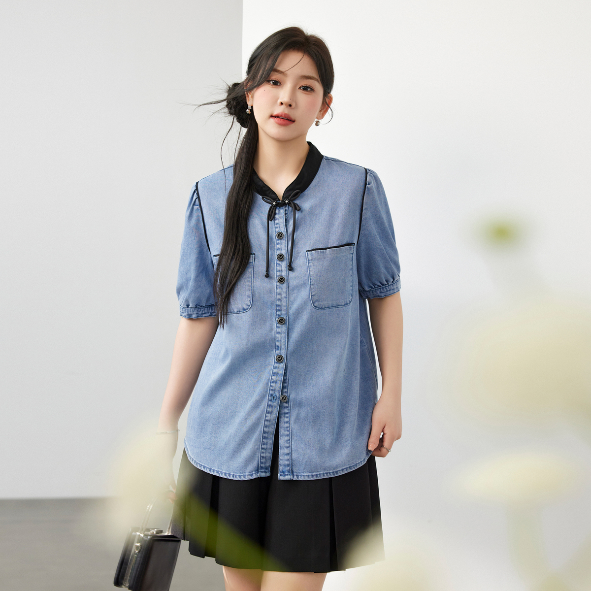 【小众牛仔衬衫】纤莉秀E大码女复古盘扣设计感休闲通勤上衣QJ1708