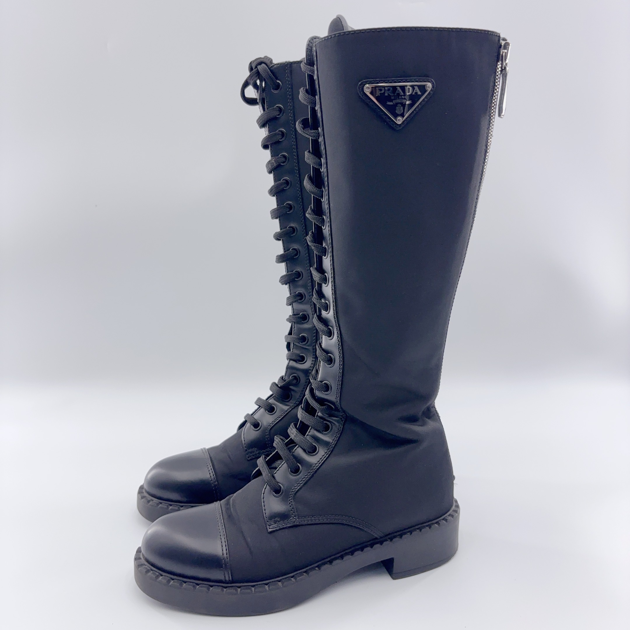 95新 Prada/普拉达 35码/尼龙三角标骑士靴/01827