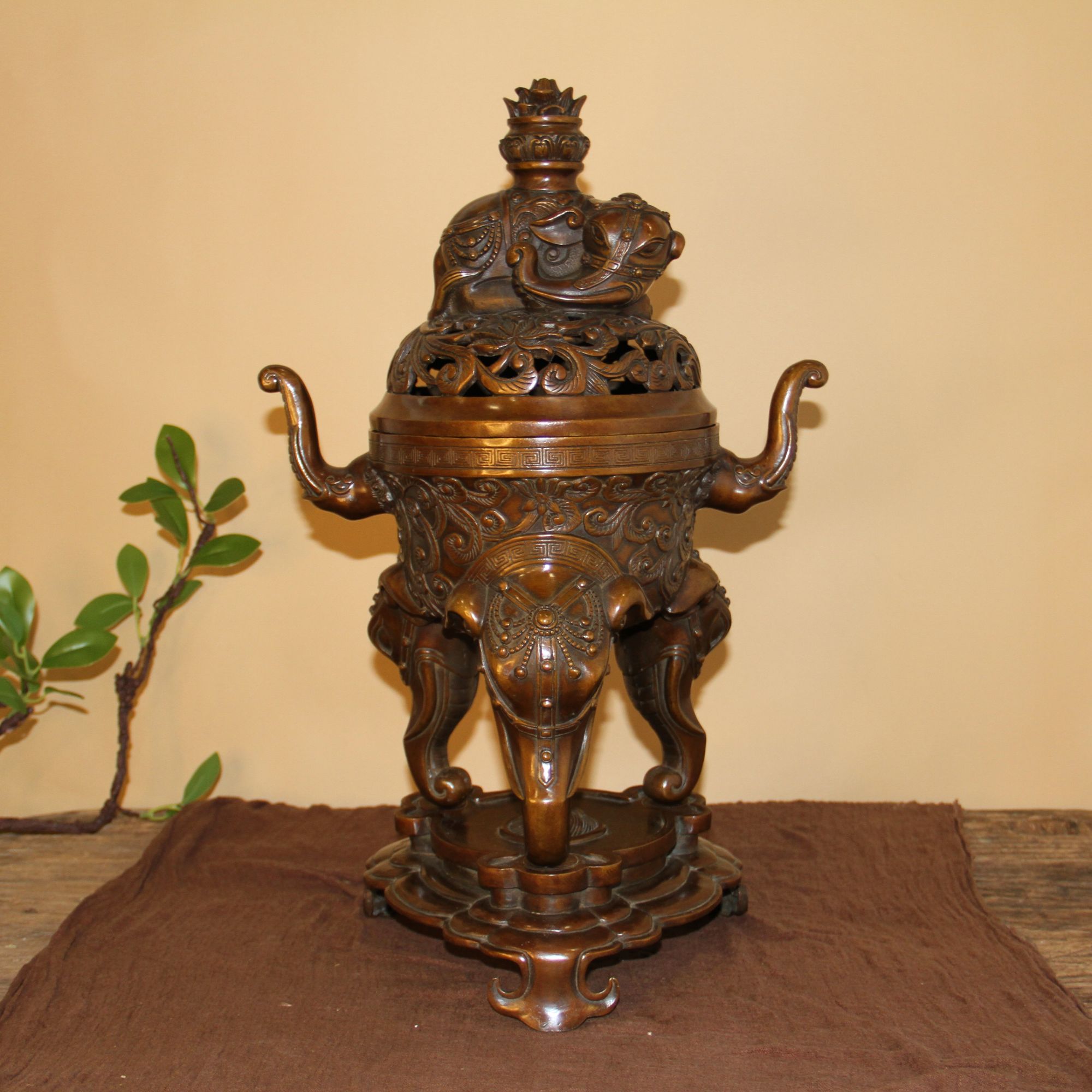 铜制中式复古吉祥香薰炉精致摆件家居大象耳超大号紫铜色仿古熏炉