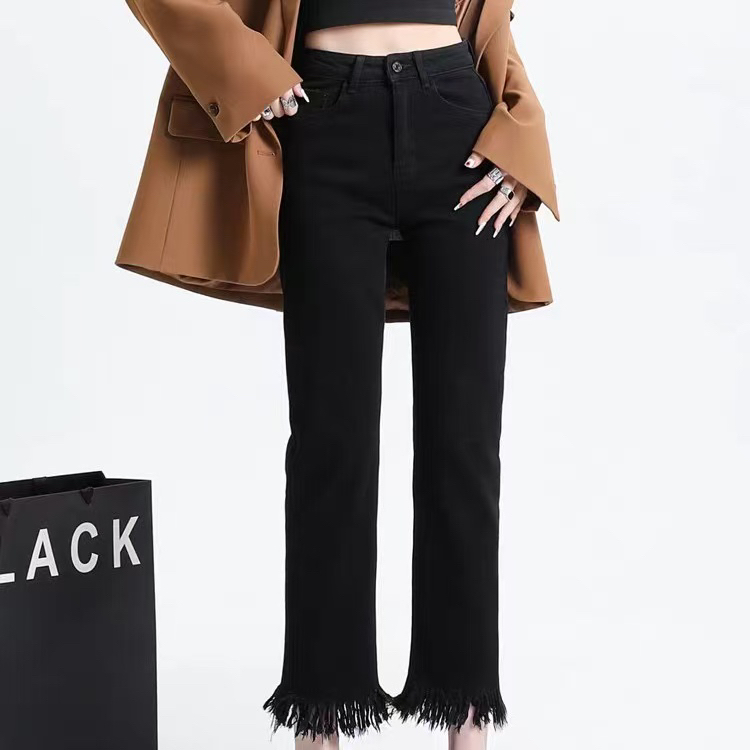 # 16小个子黑色高腰显瘦毛边流苏烟管牛仔裤春秋款