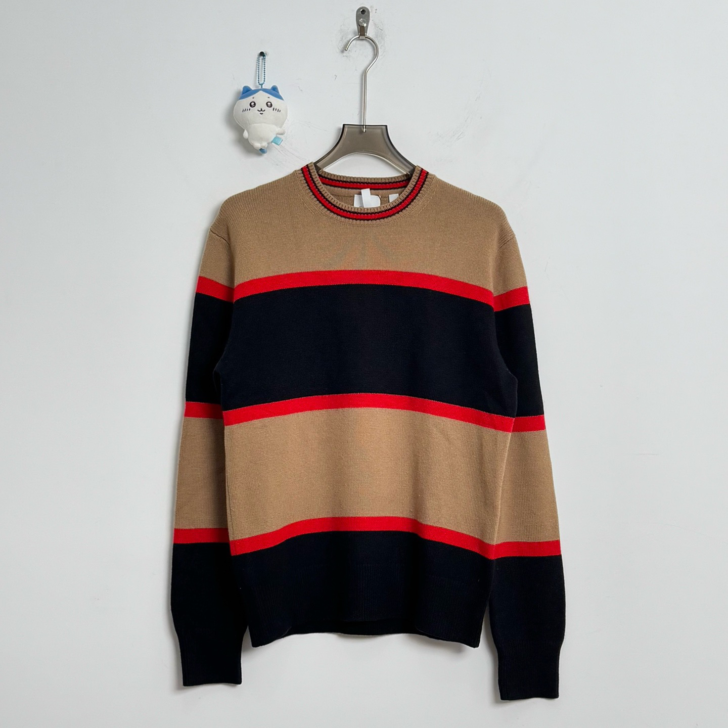 99新 BURBERRY/博柏利 条纹撞色羊毛绒混纺毛衣 S码 