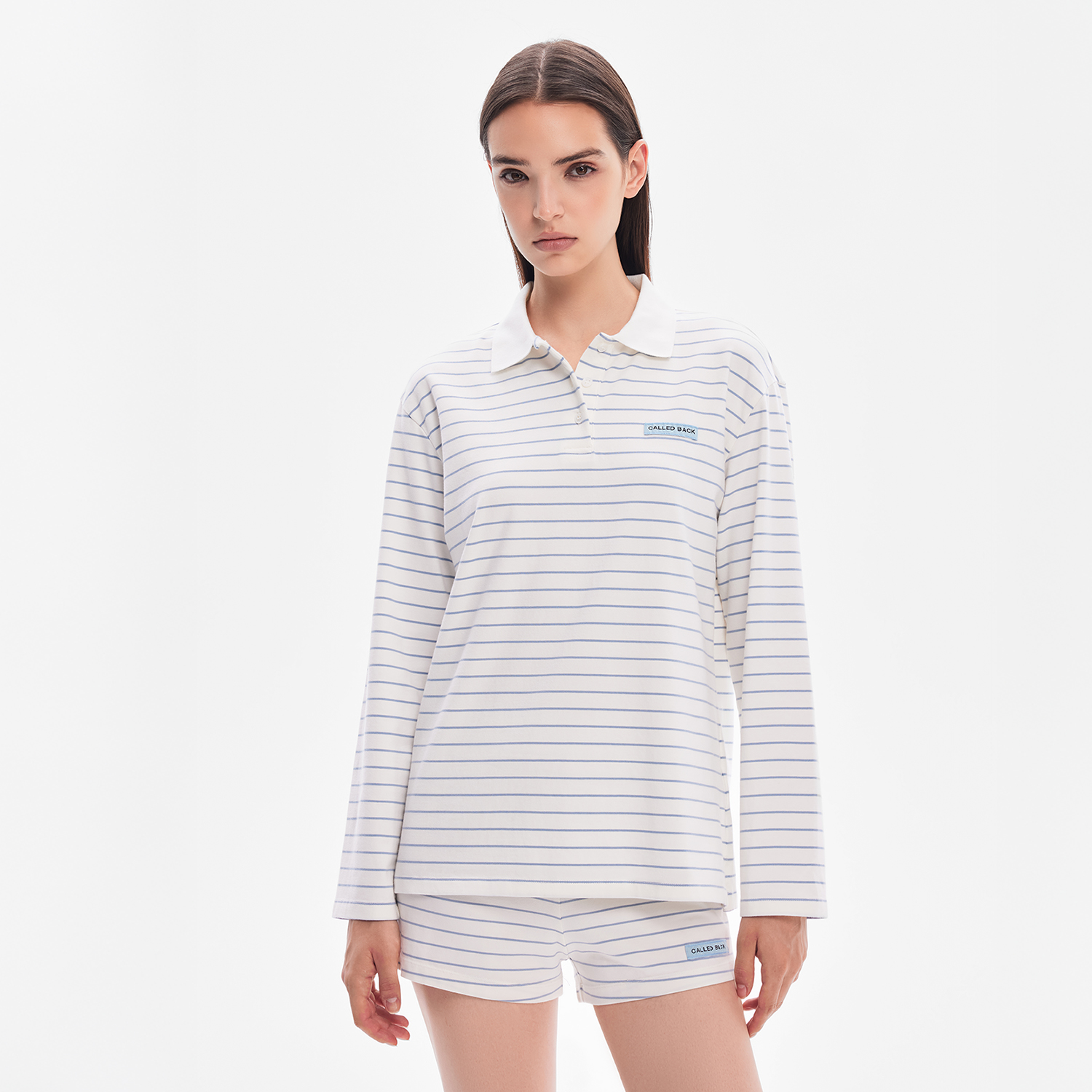 CALLED BACK早秋新款百搭休闲显瘦POLO领条纹长袖针织上衣女