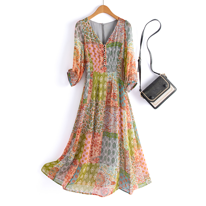 墨枝 中袖V领撞色印花桑蚕丝连衣裙D9009556