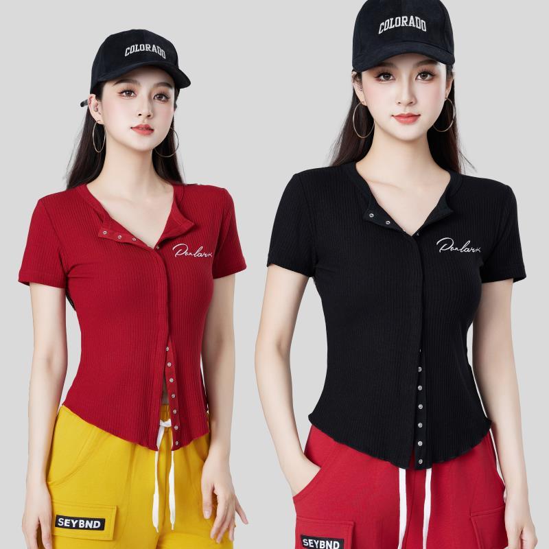 短袖性感短款春夏季洋气跳舞修身两穿暗扣百搭打底衫单件外上衣