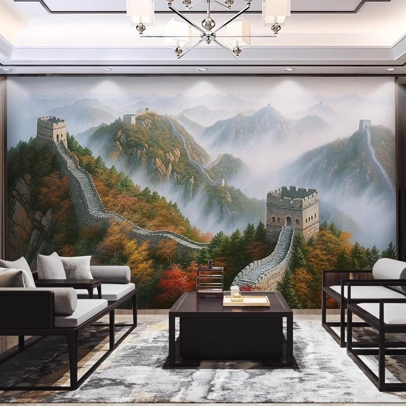 万里长城电视背景墙集成墙板中式山水画浮雕客厅沙发办公室碳晶板