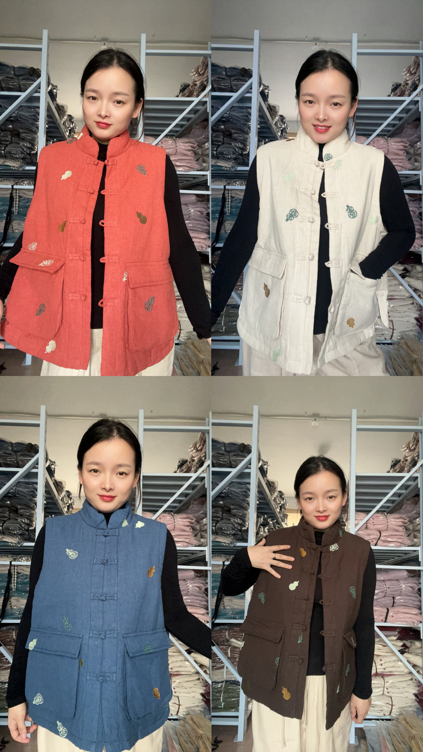 （素姐高定）砂洗亚麻秋冬新款刺绣盘扣马甲领复古气质百搭背心棉袄