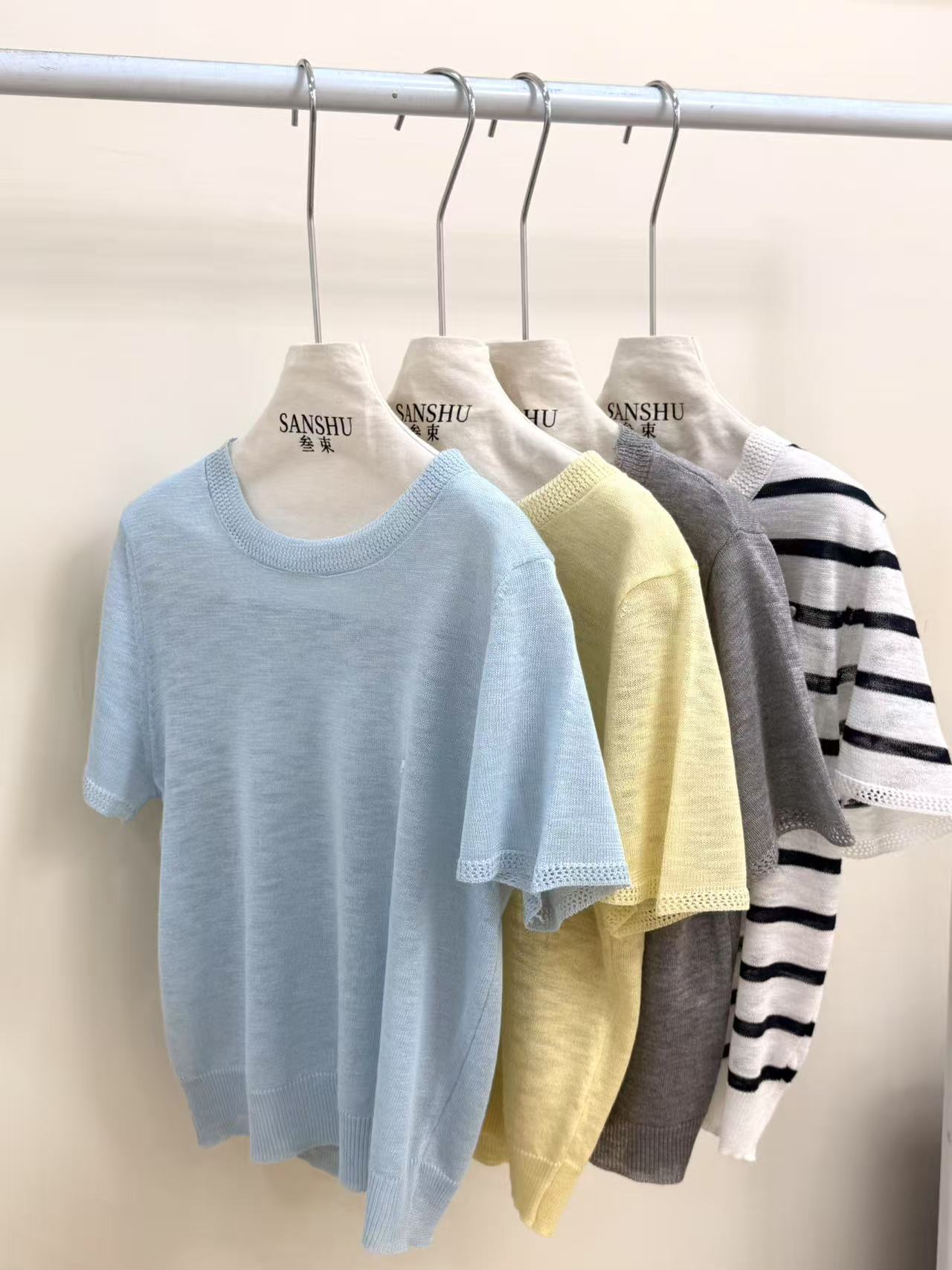 十三行2025夏装新款甜美温柔风圆领短袖针织衫女宽松薄款冰丝上衣