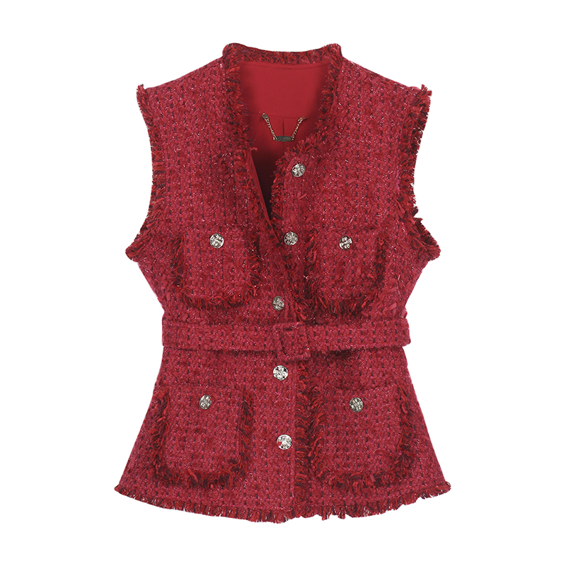 【时代高定】轻奢法式时尚石榴红粗花呢中长小香风马甲背心190010