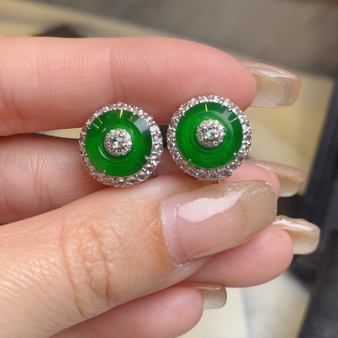 翡翠耳饰18K金镶嵌平安扣