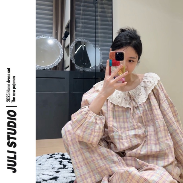 JULI<定格时光> 韩系清新少女格子翻领花边薄款纯棉外穿睡衣套装