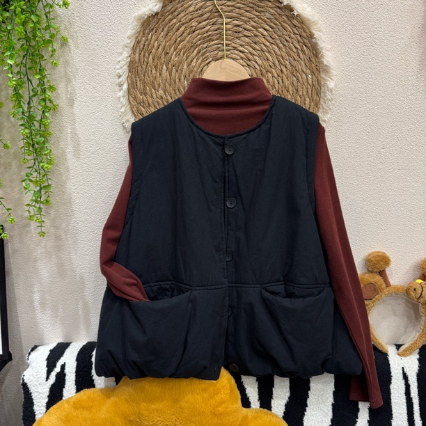 木木 秋冬加棉马甲女宽松捏褶花苞设计无袖坎肩纯棉纯色马夹