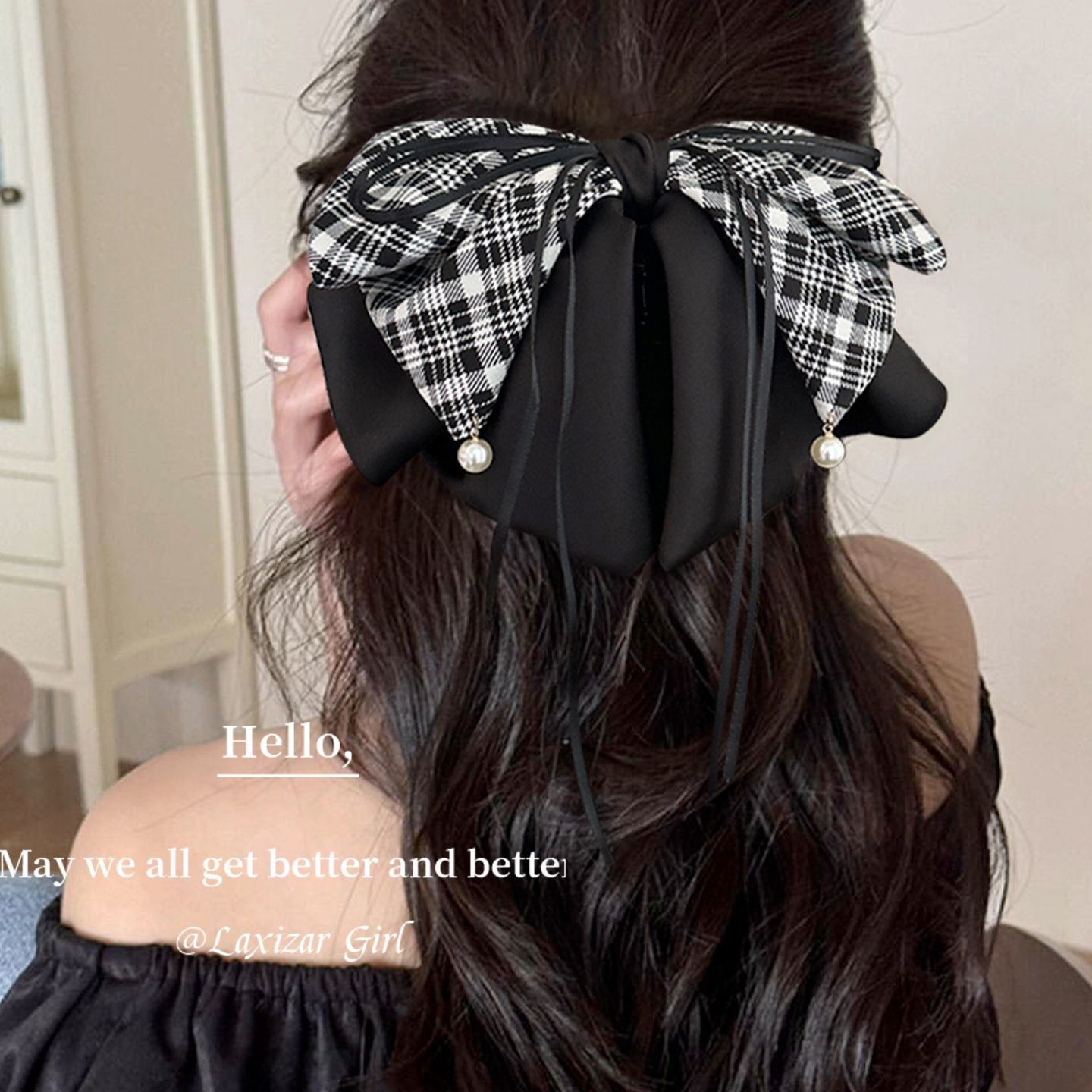 格纹网纱蝴蝶结飘带马尾抓夹高级感后脑勺半扎发气质发饰女