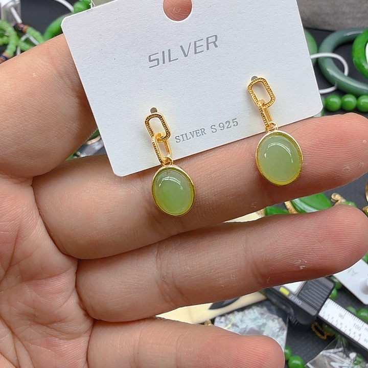 和田玉（碧玉）耳饰银S925镀金镶嵌