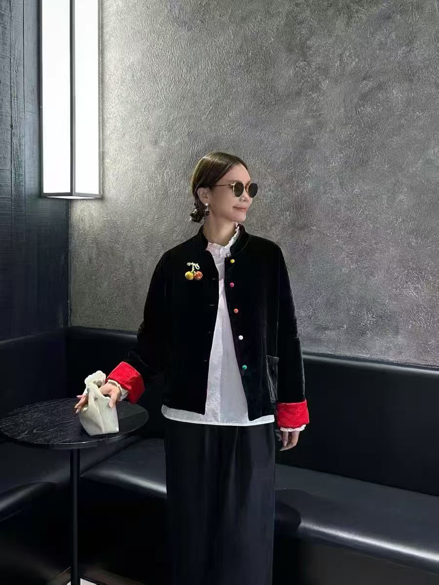 常规上衣女装百搭立领低领宽松中长款长袖提花重工