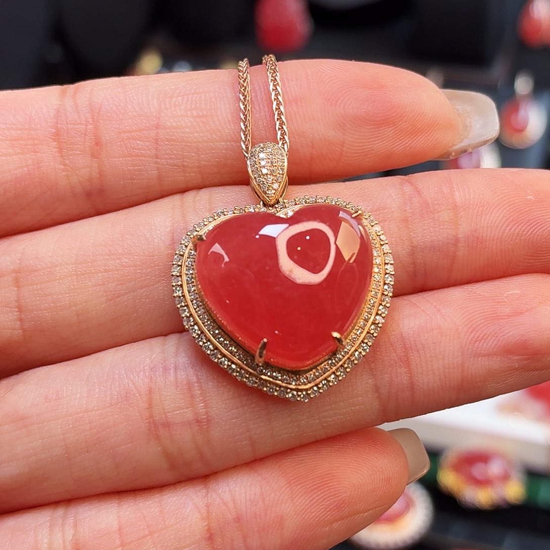 菱锰矿（红纹石）18K金镶嵌吊坠(不含链)