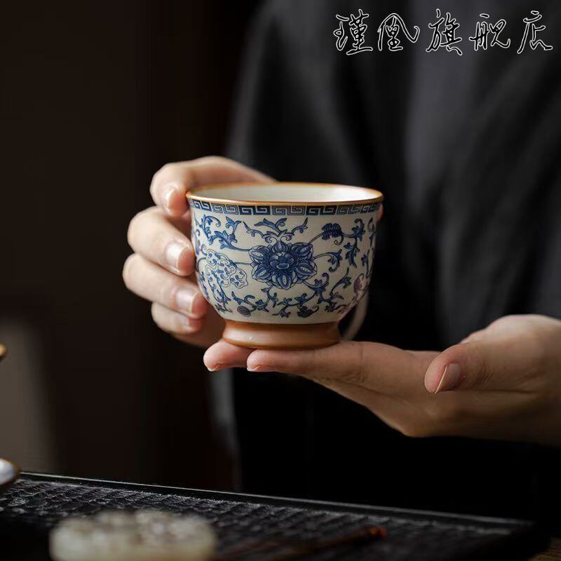 青花汝窑缠枝莲主人杯个人专用茶盏大号陶瓷品茗杯功夫茶具喝茶杯