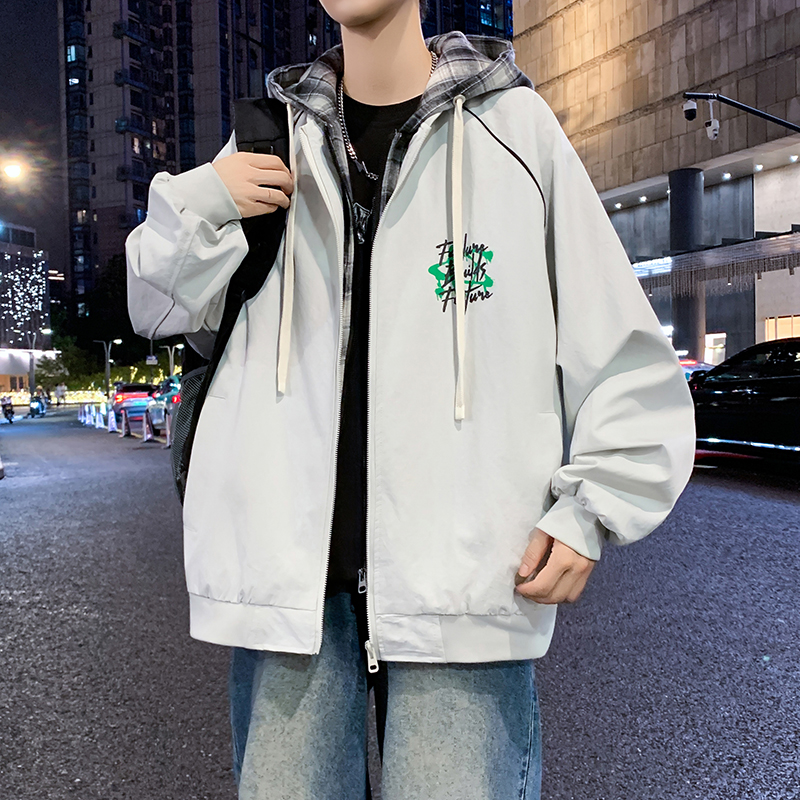 男生港风秋季新款时尚假两件夹克学生潮流百搭帅气印花连帽男外套