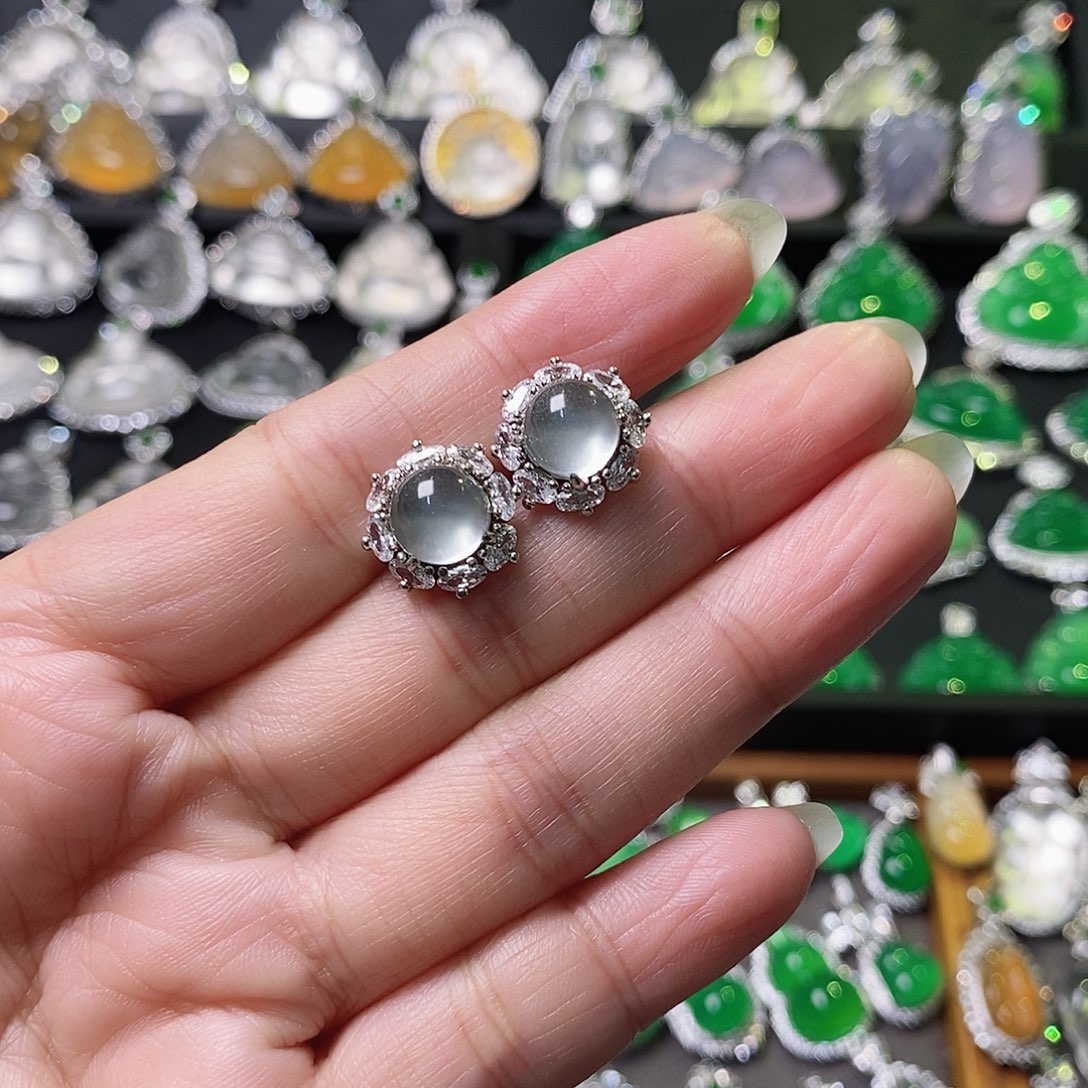 石英质玉耳钉银S925镶嵌惠***圆