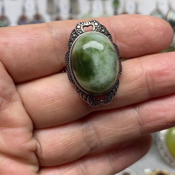 蛇纹石玉戒指银S925镶嵌