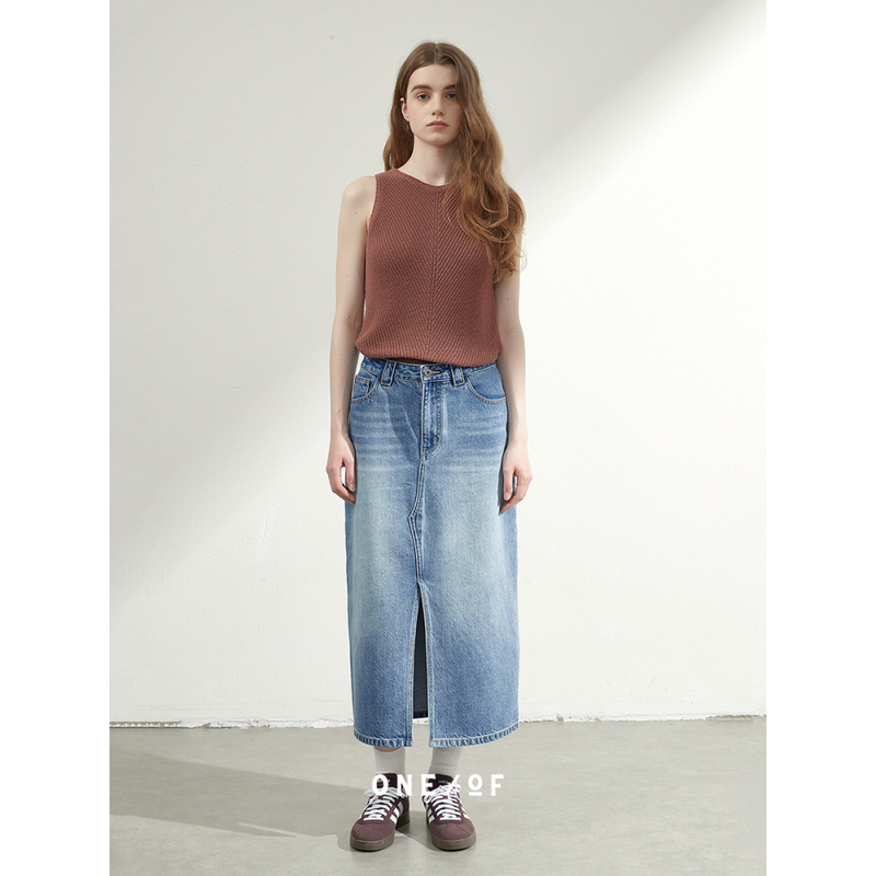 OOR之一 进口土耳其牛仔环保酵洗直筒小A字前开衩浅蓝半身裙3023