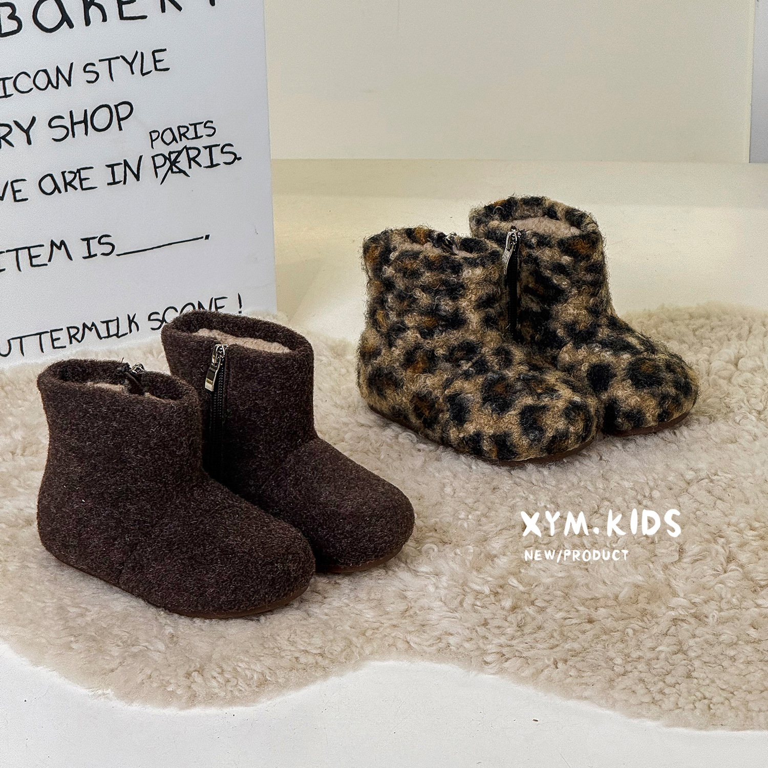 2025年冬季新款儿童韩版时尚豹纹加绒保暖毛呢短靴毛毛靴雪地靴