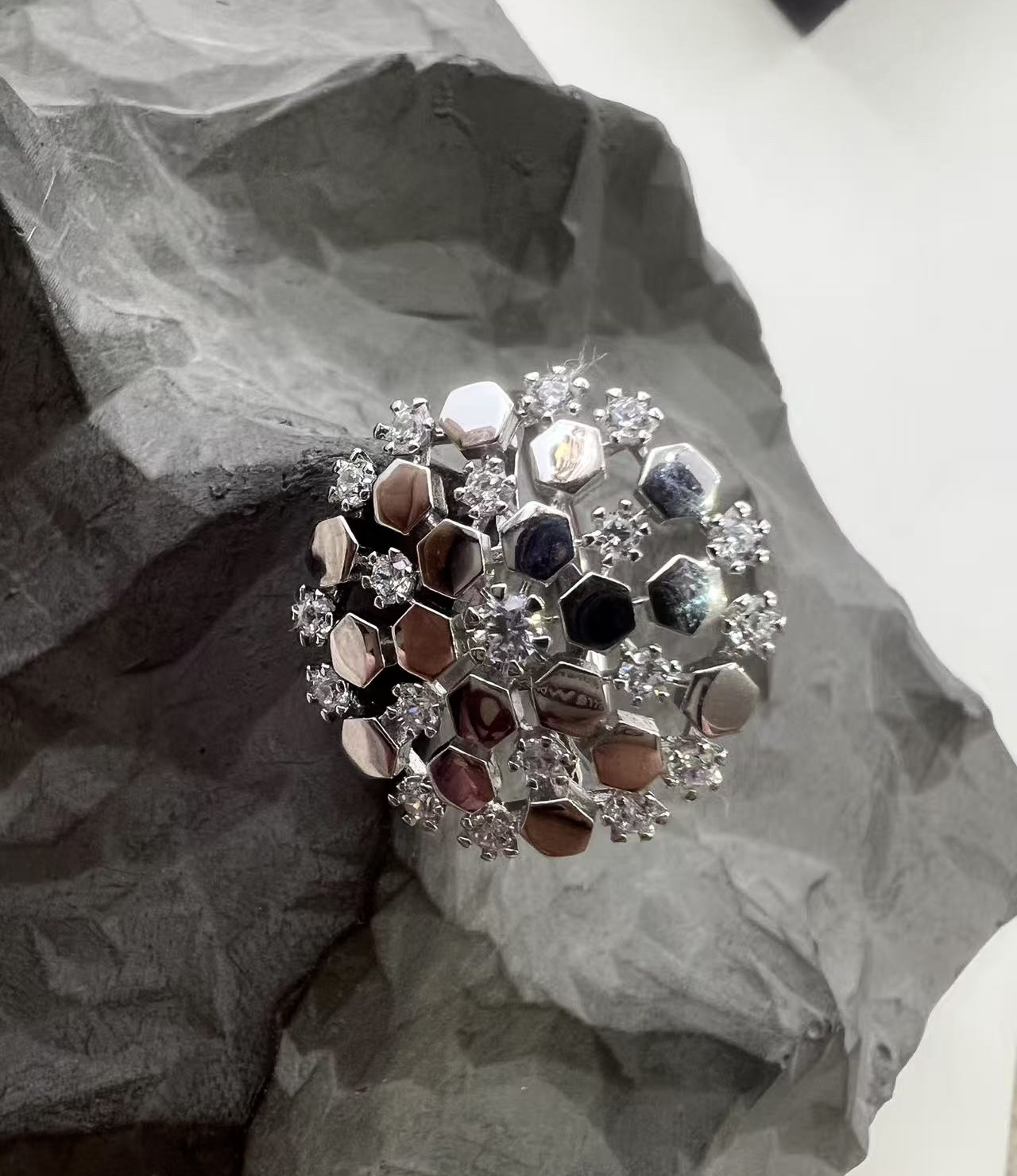 925银戒指 意大利精工蜂巢烟花戒指