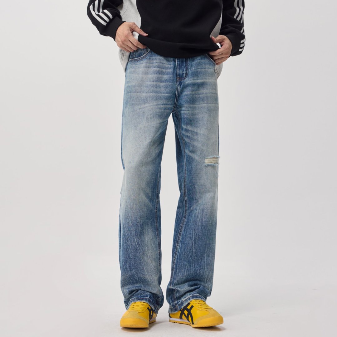 2025秋冬美式复古破洞牛仔裤男款高级感宽松休闲直筒裤高街阔腿裤