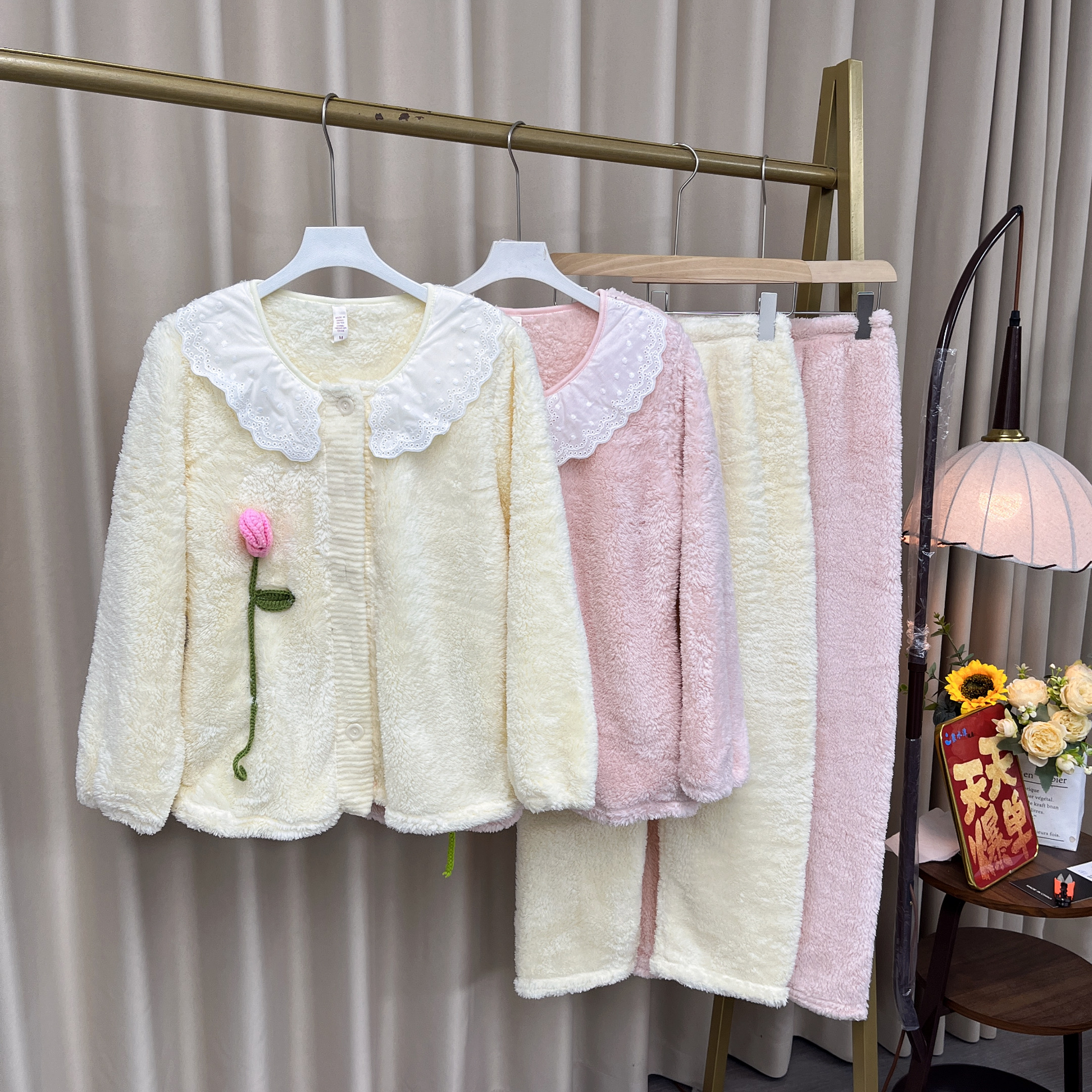 016女装家居服时尚加绒甜美秋冬蕾丝保暖睡衣