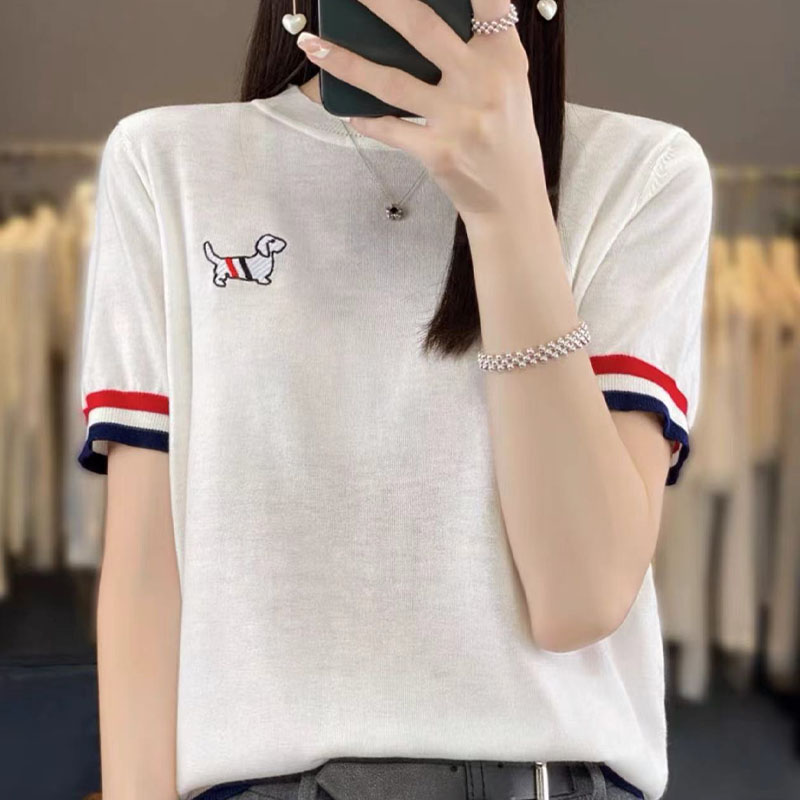 莱赛尔天丝~时尚百搭圆领拼色刺绣针织衫休闲显瘦打底上衣 1060