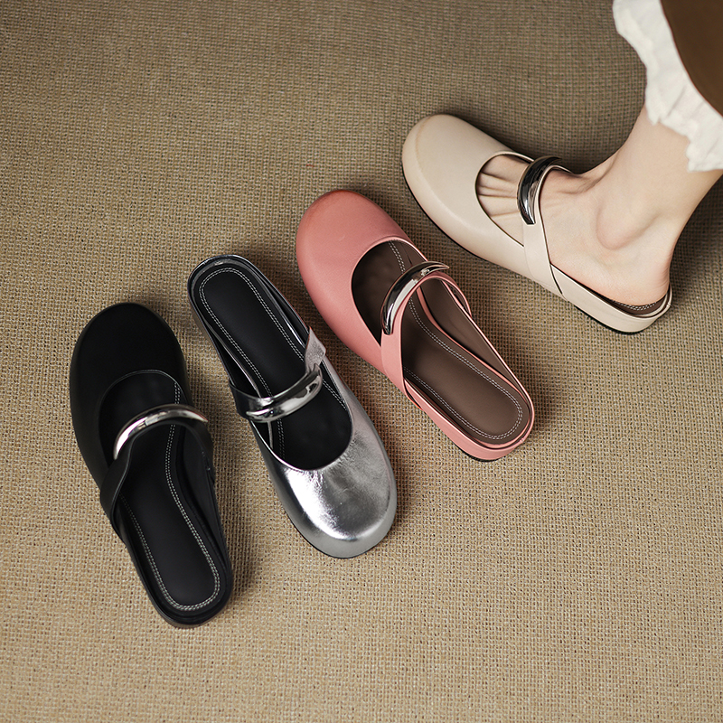 【NICESEE】4cm,2025春夏新款真皮软皮拖鞋女内增高中跟银色包头拖