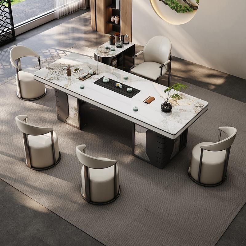 意式轻奢高端奢石岩板茶桌设计办公室茶台客厅大板茶桌椅泡茶组合
