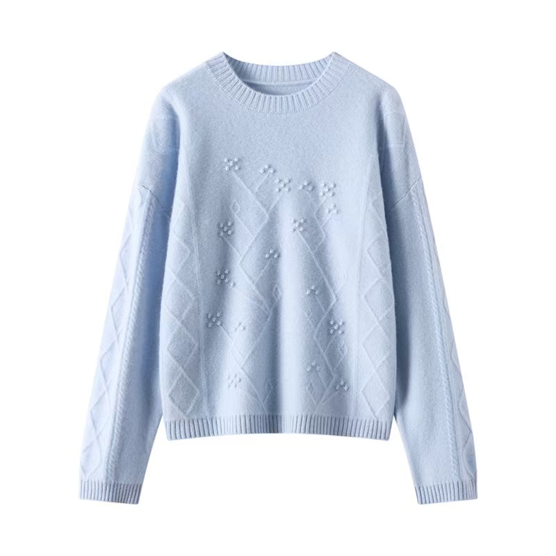 秋冬新款加厚羊绒衫女圆领套头100%纯山羊绒针织衫鼓包提花毛衣