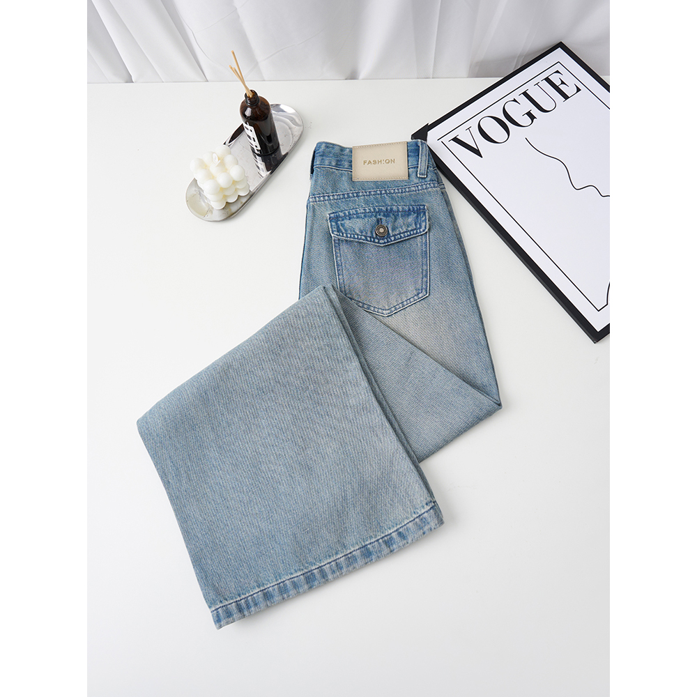 DUOXINIU/多喜牛/ZhouZhou夏季薄款磨白高腰显瘦宽松牛仔裤慵懒风