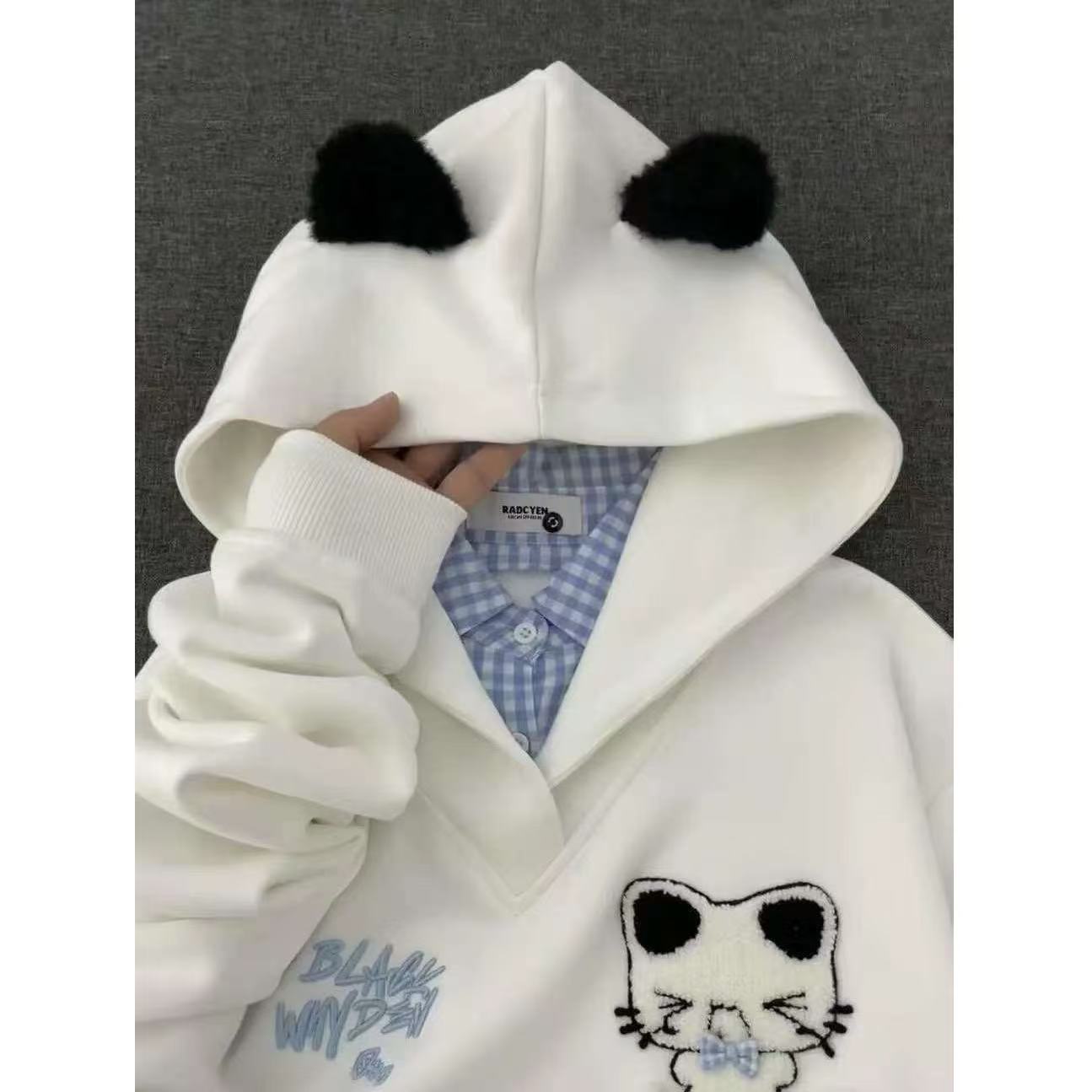 可爱猫咪假两件刺绣连帽卫衣女春秋冬新款情侣宽松慵懒风长袖上衣