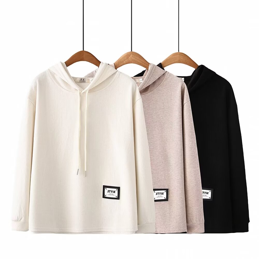 JM2823贴标常规款长袖时尚双帽绳卫衣大码女装百搭连帽上衣休闲款