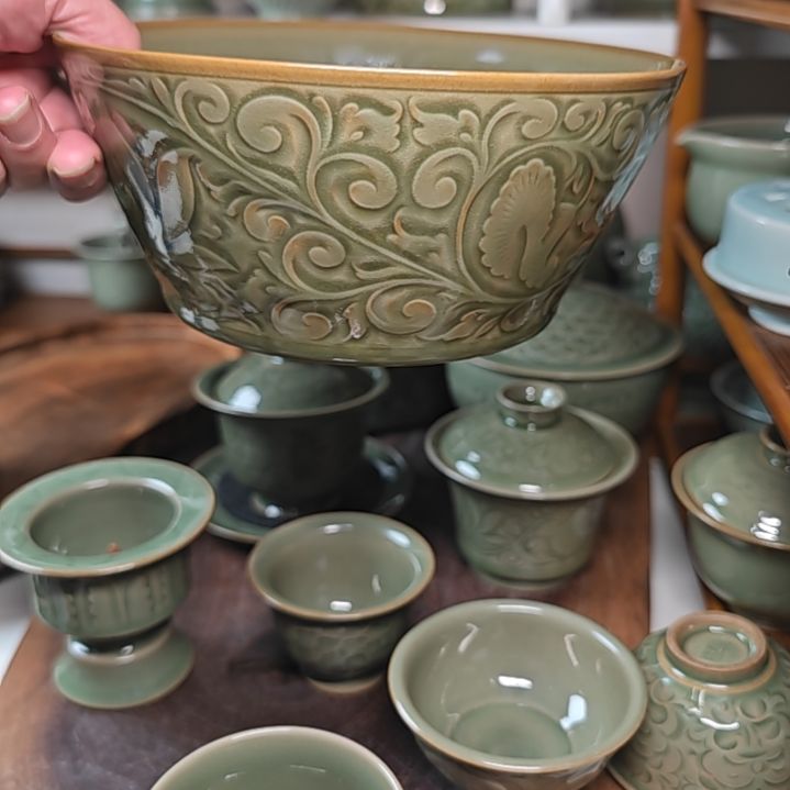 ?****1耀州窑仿古里外双刻复古花纹茶洗