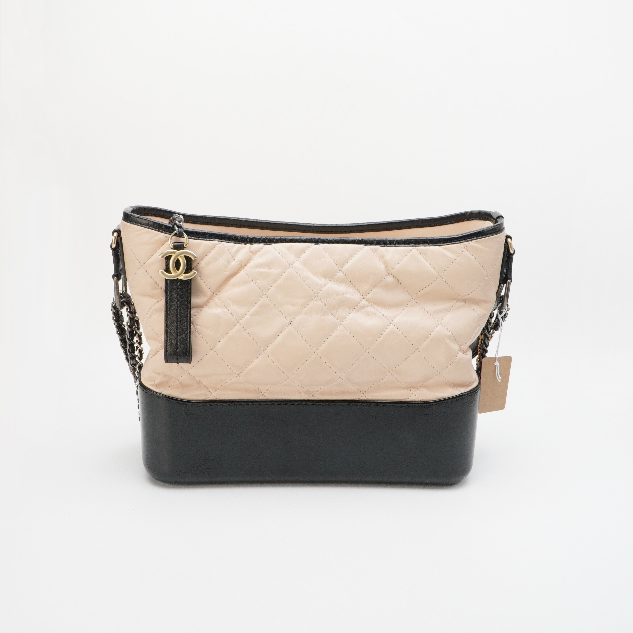 95新 Chanel/香奈儿 Chanel香奈儿中号牛皮流浪包奶茶拼黑 12150