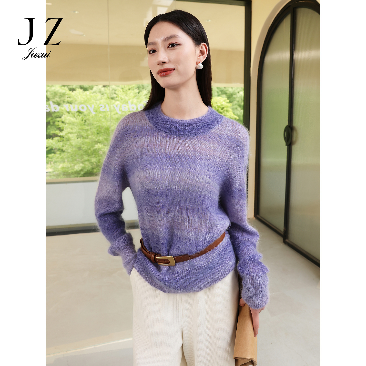 【KK专属】商场同款JZ玖姿JWEQ31003渐变落肩马海毛针织衫女秋